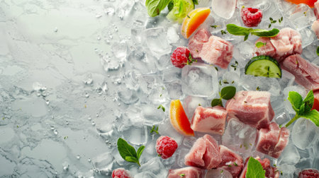 Pieces of raw tuna in ice cubes with mint and lemon on white backgroundの素材