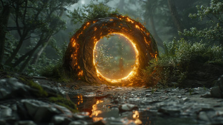 Fantasy landscape with a small river in the forest. 3d renderingの素材