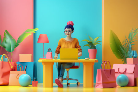 Young woman sitting at the desk with laptop and shopping bags. 3d renderingの素材