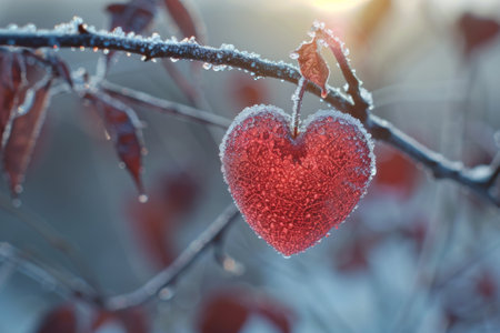 Hoarfrost on a red heart on a tree branch in winterの素材