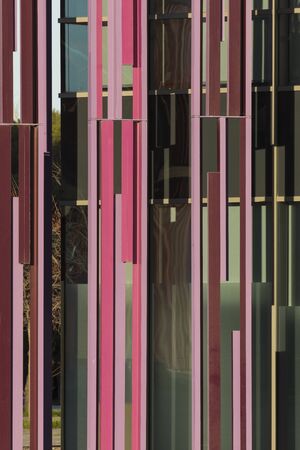 Zaragoza, Spain - February 2, 2020: Abstract vertical lines in the facades of the former grounds of the Vidal de Canellas building.の写真素材