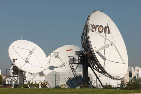 Madrid, Spain - March 3, 2020: Infrastructure of antennas, for radio and tv, of the Overon company,...