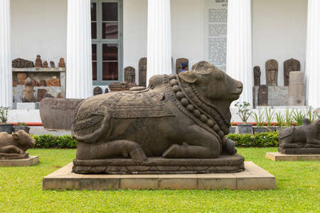 Jakarta, Indonesia - July 14, 2019: Ancient stone sculpture, depict of Nandi classical Hindu god. It is part of the public collection of the National Museum of Indonesia.のeditorial素材