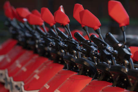 Madrid, Spain - May 06, 2020: Electric motorcycle of the shared system transport service from the Acciona company, parked in Madrid.のeditorial素材