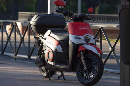 Madrid, Spain - May 19, 2020: Electric motorcycle of the shared system transport service from the Acciona company, parked in O'donell street.のeditorial素材