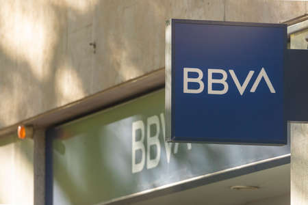 Madrid, Spain - May 18, 2020: Main facade at the entrance to the bank office of, BBVA, in the Retiro...