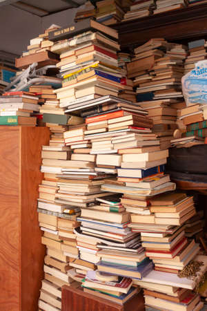 Rome, Italy - June 28, 2010: Stacks of old books at a street stall in the center of Rome.のeditorial素材