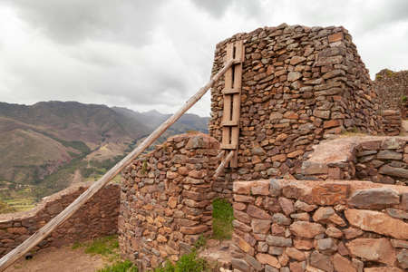 Pisac, Peru - April 4, 2014: Archaeological Park of Pisac, ruins and constructions of the ancient Inca city, near the Vilcanota river valley, Peru.の写真素材