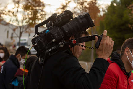 Ejea de los Caballeros, Spain - October 23, 2020: Journalists, photographers and media, working in the finish line area of the fourth stage of La Vuelta a EspaÃ±a 2020.のeditorial素材