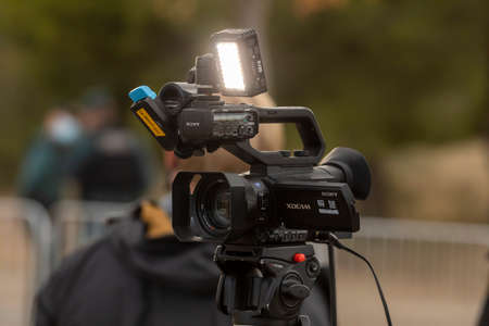 Ejea de los Caballeros, Spain - October 23, 2020: Journalists, and media, working in the area of the finish line, of the fourth stage of La Vuelta a EspaÃ±a 2020.のeditorial素材