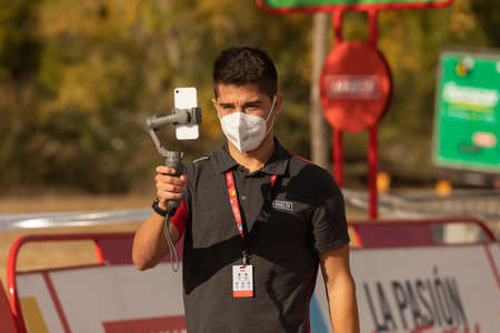 Ejea de los Caballeros, Spain - October 23, 2020: Staff and workers of the organization of the race and the cycling tour, in the finish area of the fourth stage of La Vuelta a EspaÃ±a 2020.のeditorial素材