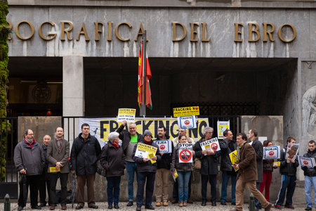 Zaragoza, Spain - January 01, 2014. Fracking no citizen platform, Aragon free of fracking, demonstrates in front of the Ebro Hydrographic Confederation, against hydraulic fracturing.のeditorial素材