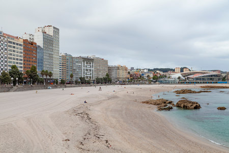 La Coruna - Spain - August 01, 2012: View of the empty Orzan and Riazor beaches on a cloudy and cold summer day, in the city of La Coruna, in the north of Galicia.のeditorial素材