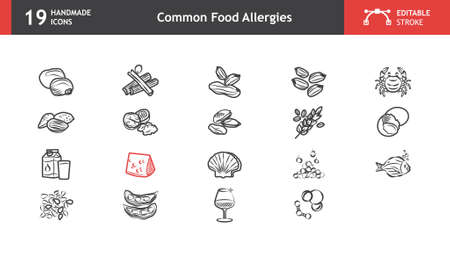 Common allergen food icons, lupins, peanuts, crustaceans, gluten, etc. Collection of 19 handmade icons with editable stroke, ready to be used in any design project.のイラスト素材