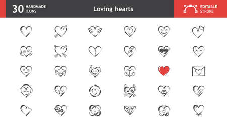 Romantic and funny loving heart icons. Broken, sad, happy, with arrows, etc. 30 handmade icons, vector images, with editable stroke. Ready to be used in any design project.のイラスト素材