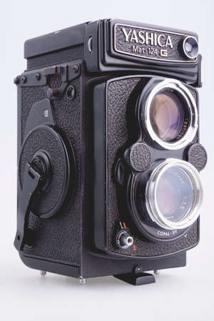 Bilbao, Spain - April 30, 2010: Illustrative editorial photography of a Yashica photo camera, Mat 124g model. An old vintage Japanese TLR type camera from the 70s using 6x6 film.のeditorial素材