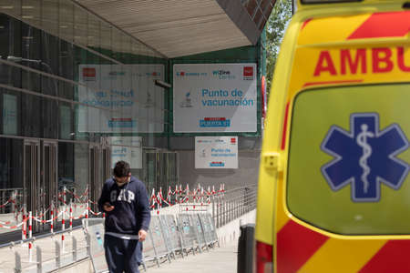 Madrid, Spain - April 17, 2021: Vaccination point against COVID-19, or coronavirus, of the Community of Madrid, in Madrid capital, WiZink Center, access area to get the vaccine, at gate 57.のeditorial素材