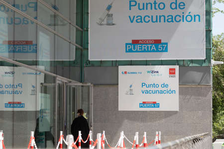 Madrid, Spain - April 17, 2021: Vaccination point against COVID-19, or coronavirus, of the Community of Madrid, in Madrid capital, WiZink Center, access area to get the vaccine, at gate 57.のeditorial素材