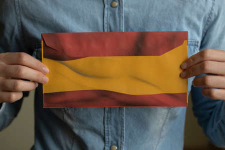 Madrid, Spain - April 27, 2021: Electoral propaganda, political campaign envelopes, with the vote of the political parties for the May 4 elections and for the presidency of the Community of Madrid.のeditorial素材