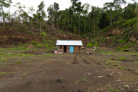 A humble and lonely little house, built of wood, in the middle of a wasteland, near the town of Waisai, Raja Ampat, Indonesiaの写真素材