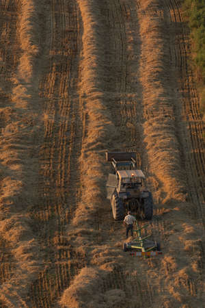 Gallur, Spain - Jul 01, 2021: An old tractor and a farmer, standing in the middle of the field, in...