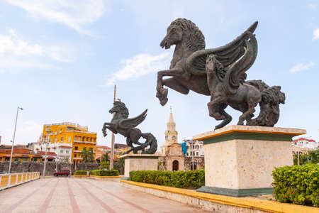 Cartagena de Indias, Colombia - Nov 21, 2010: Famous sculptures and statues of Los Pegasos, in the historic center of the city, near Clock Tower Monumentのeditorial素材