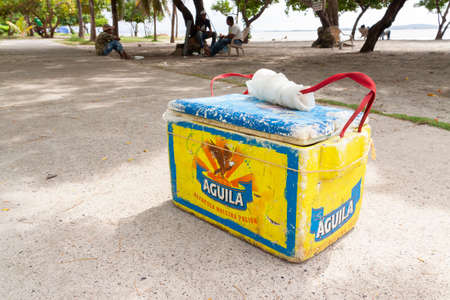 Cartagena de Indias, Colombia - Nov 23, 2010: The refrigerator drawer of some street vendor of Colombian Aguila beer, in the Bocagrande districtのeditorial素材
