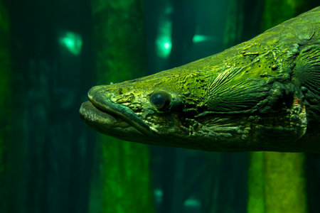 Detail of an Arapaima gigas fish underwater. Native to the Amazon River, it is one of the largest freshwater fish in the world.の写真素材