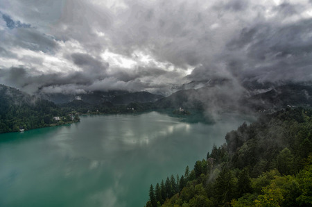 Low clouds in Bledの写真素材