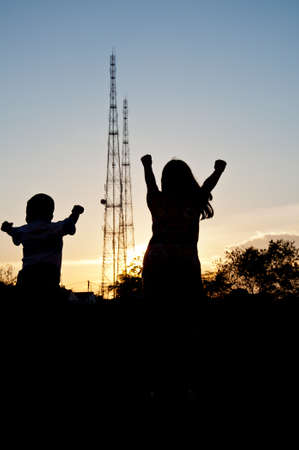 Silhouette of  happy childrenの写真素材