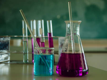 colorful of liquid in test tube in laboratoryの写真素材