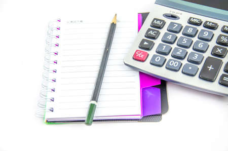 notebook pencil and calculator on white backgroundの写真素材