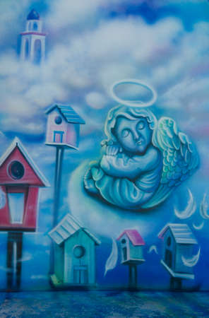 sleeping cupid public art on wallのeditorial素材