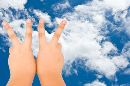 blue sky and cloud from nature with children finger