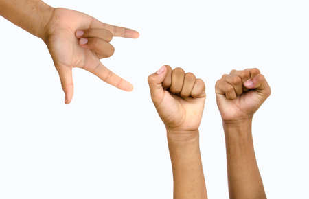 hand from children for victory and love on white backgroundの写真素材