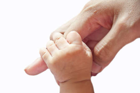 baby hand with mother on white backgroundの写真素材
