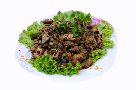 delicious Thai food call LARB NEUA from meat  with herbal spicyingredient and vegetable on white backgroundの写真素材