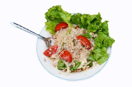 Thai street food call YUMWOONSEN  spicy jelly noodle salad on white backgrondの写真素材