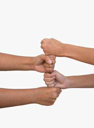 stacking fist from children on white backgroundの写真素材