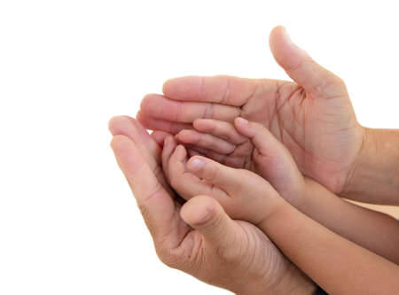 protection hand for support children hand on white background