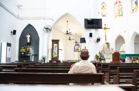 MALACCA, MALAYSIA, october 14, 2019 Identical of man pray in   church of Saint Francis Xavier  in Malacca heritage city  of Malaysiaのeditorial素材