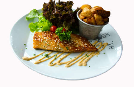 Salmon steak for healthy food on whiteの写真素材