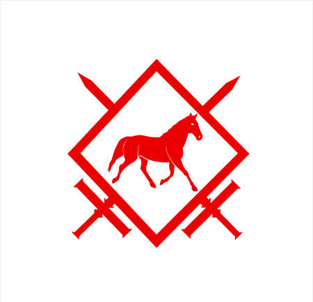 animal vector of horse logo with stallion badge of kingdom sword and silhouette designのイラスト素材