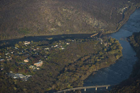 Harpers Ferry, aerial view at confluence of Potomac and Shenandoah Riversの写真素材