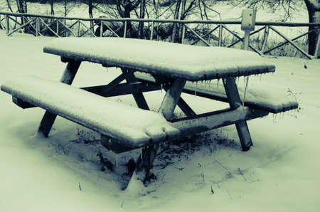 Table with the snowの写真素材