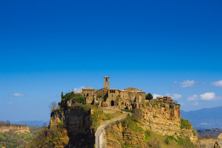The isolated ancient town of Civita di Bagnoregio in central Italyの写真素材
