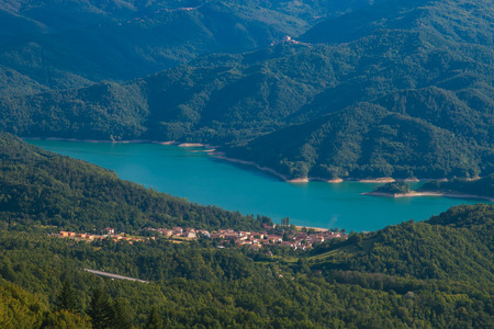 Panoramic view of Salto lake in Lazioの写真素材