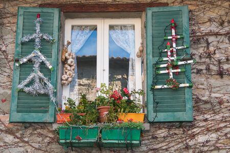 Windows decorated for christmasの写真素材