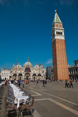 Restaurant in St Mark's Square (Piazza San Marco) and church, Venice, Italyのeditorial素材