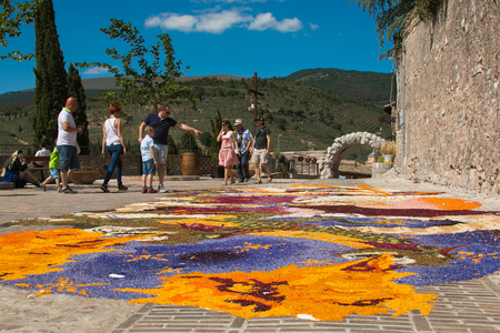 Multicolored design made with flower petals at Infiorata feast of Spelloのeditorial素材